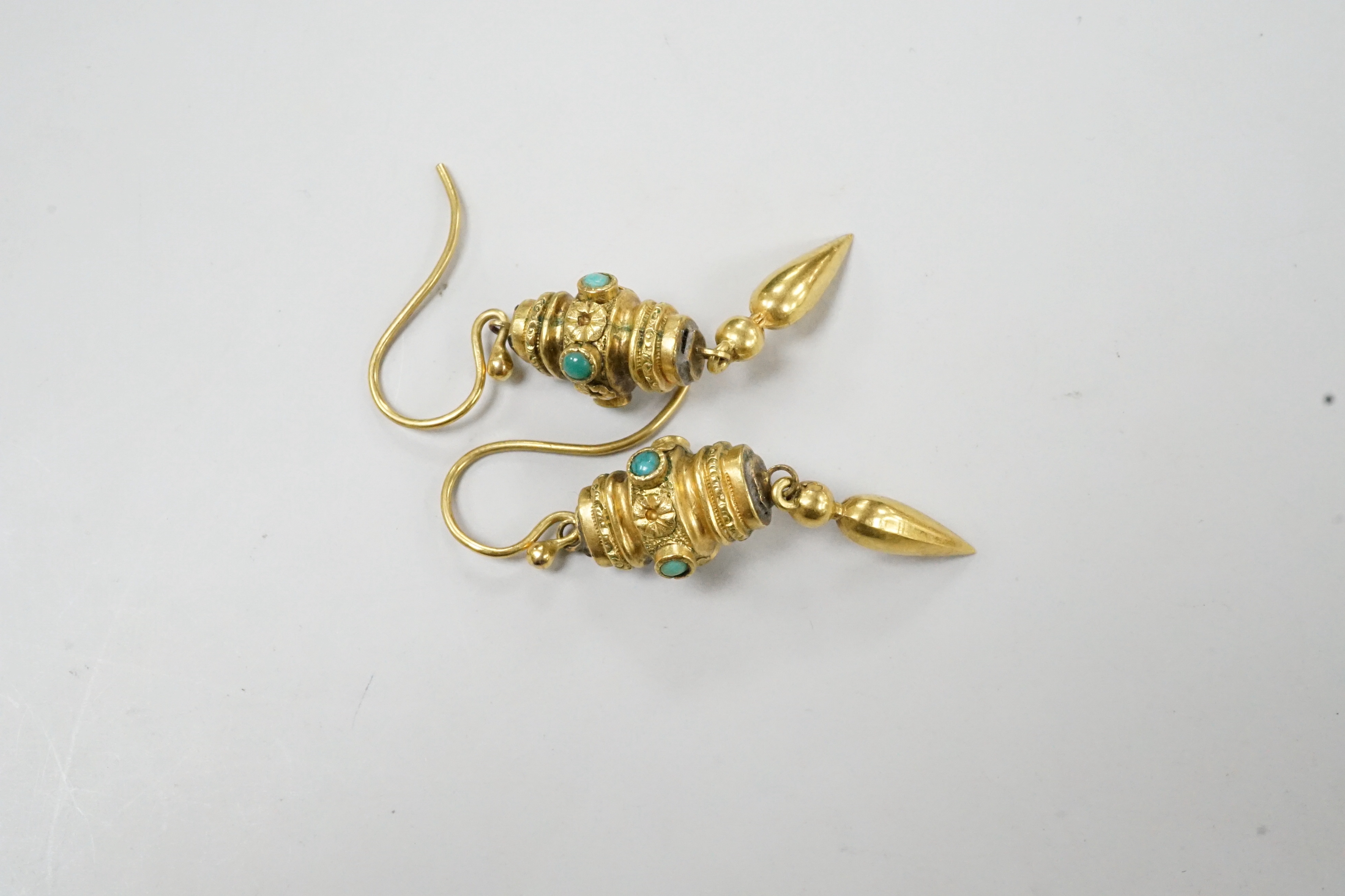 A pair of Victorian yellow metal and turquoise set drop earrings, overall 43mm, gross weight 3.7 grams.